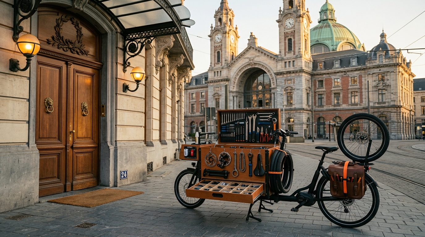 Mobiele fietsenmaker aan het werk voor een Antwerpse rijhuis — gereedschap en fietsen op de stoep