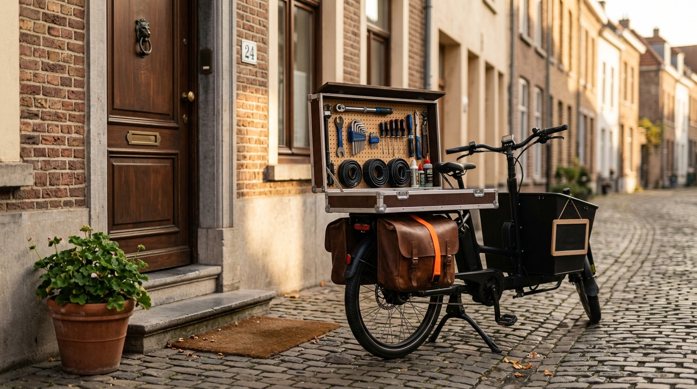 Mobile bike mechanic arriving at a customer's front door with a cargo workshop bike full of tools